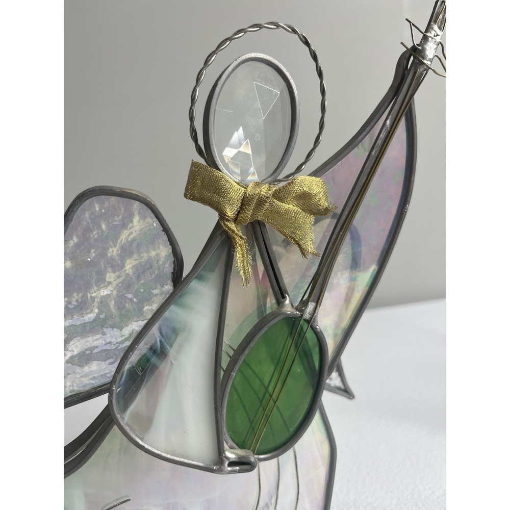 Stained Glass Art Angel Suncatcher Figurine Lute Musical Instrument - Picture 3 of 12